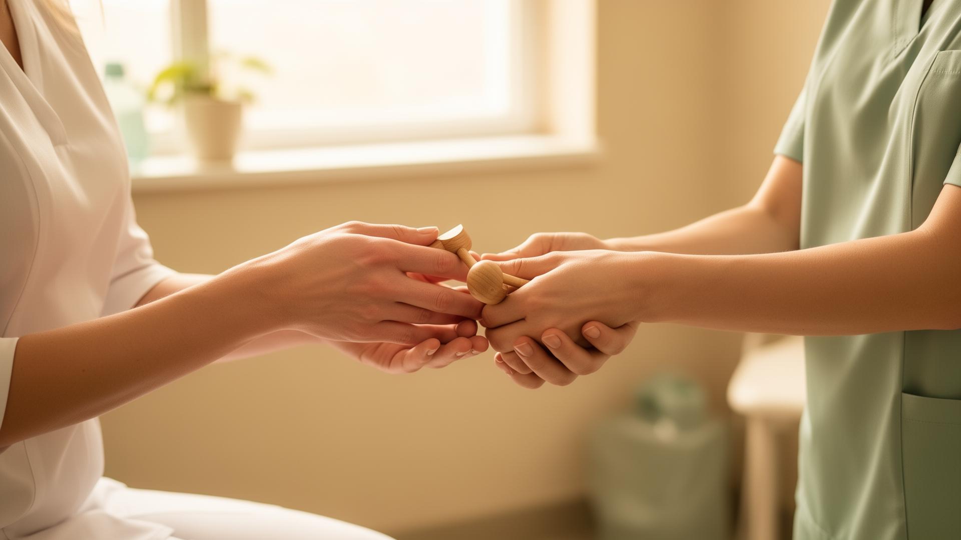 Therapeutin behandelt sanft die Hand einer Patientin
